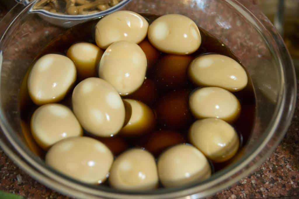 boiled eggs marinated in a-japanese-sauce containing soy and mirin