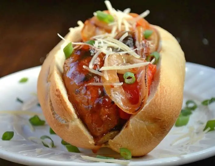 Bourbon Glazed Grilled Sausage and Onions Sandwich Recipe