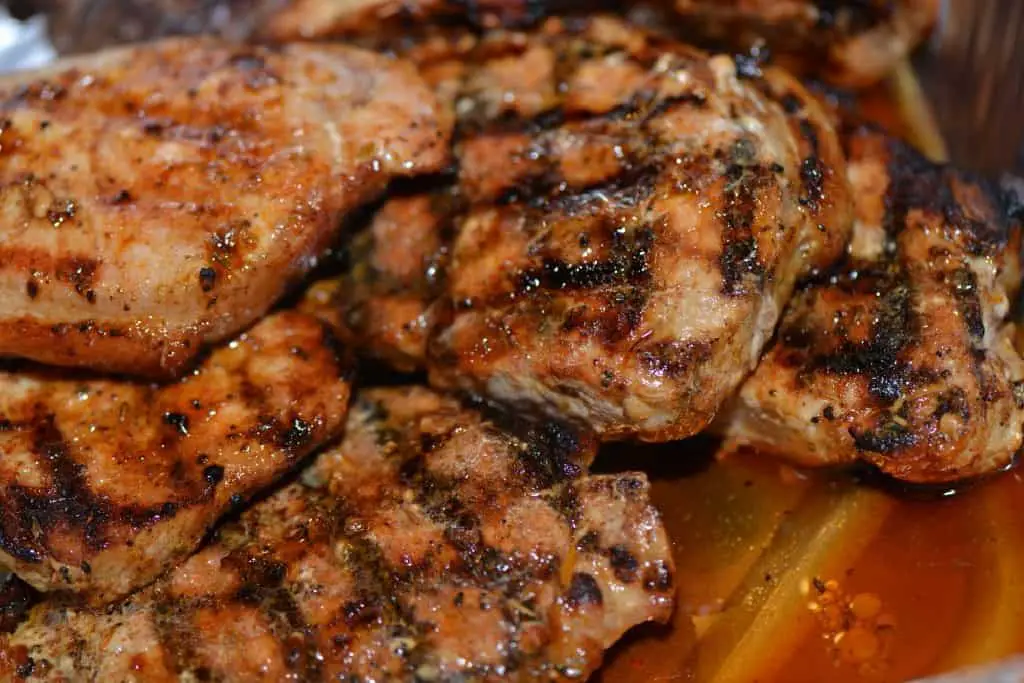 dry rubbed pork chops with Guiness BBQ