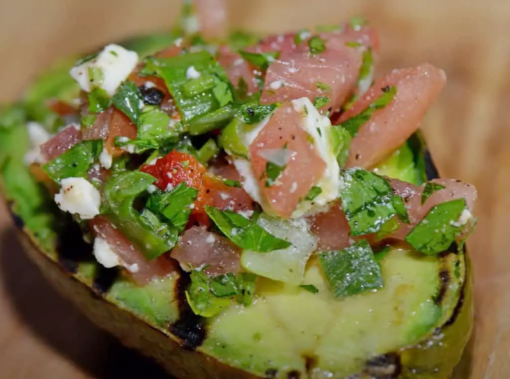 grilled avocado with mediterranean salad