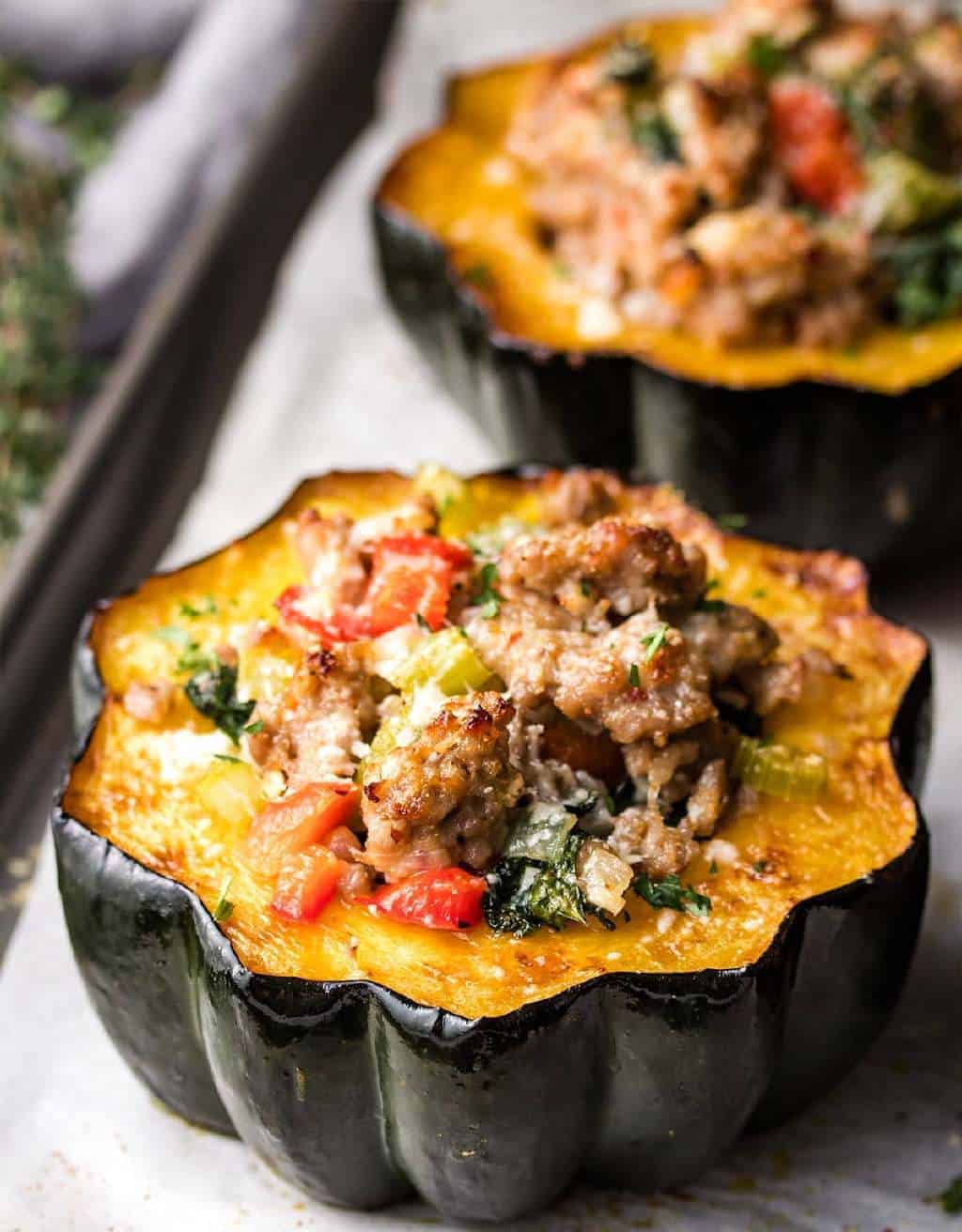 Sausage and Kale Stuffed Acorn Squash on the Grill Recipe - KitchenBun.com