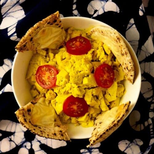 Vegan Eggs With Pita Vegan Cheese Toast Triangles and Tomato Slices 2