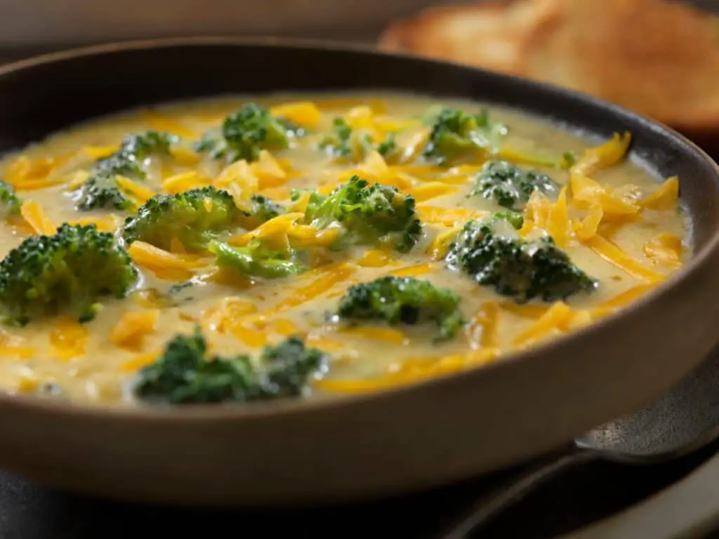 creamy broccoli and cheddar soup with crusty bread