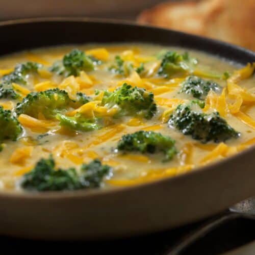 creamy broccoli and cheddar soup with crusty bread