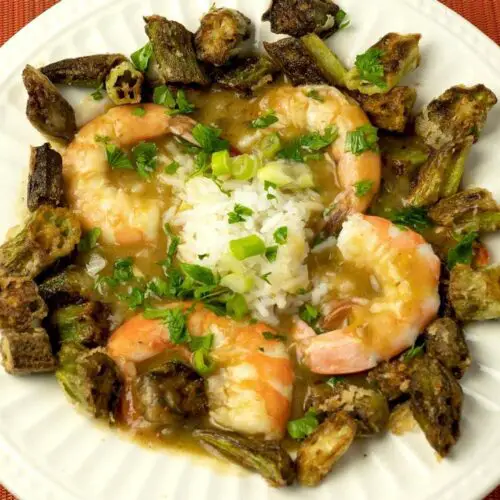 shrimp and okra gumbo in blond roux with white rice