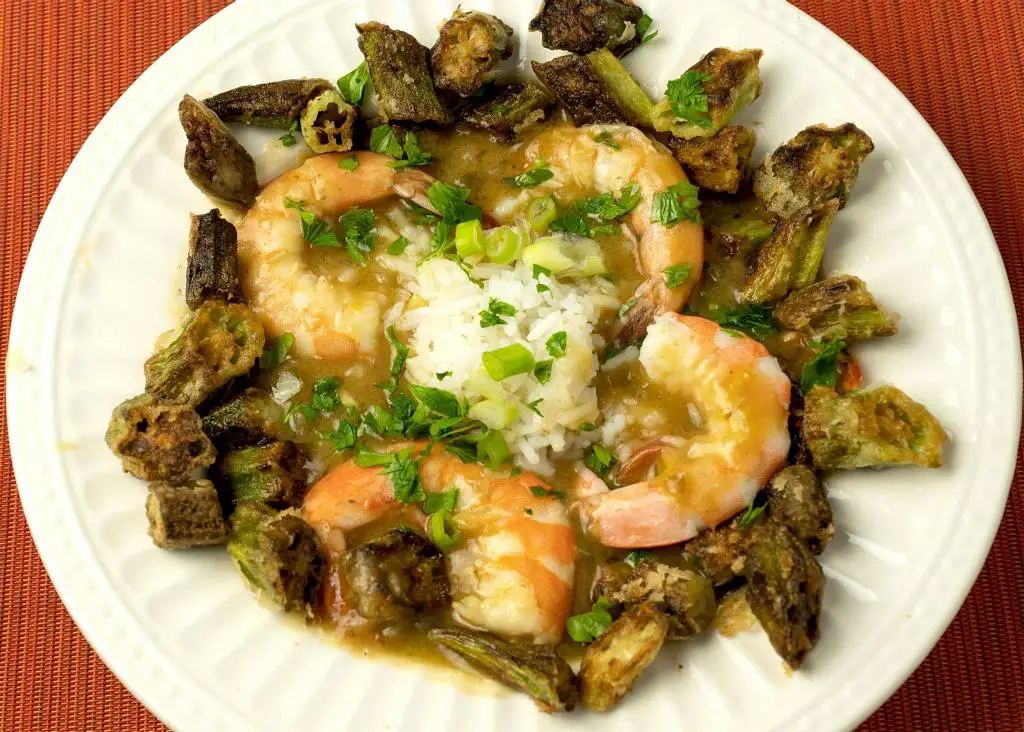 shrimp and okra gumbo in blond roux with white rice