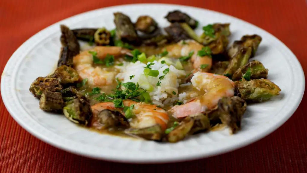 shrimp and okra gumbo in blond roux with white rice
