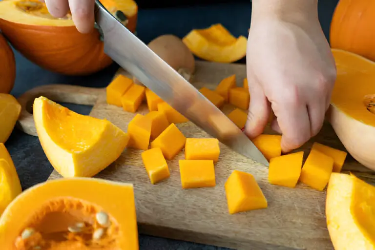 dicing butternut squash pumpkin preparing