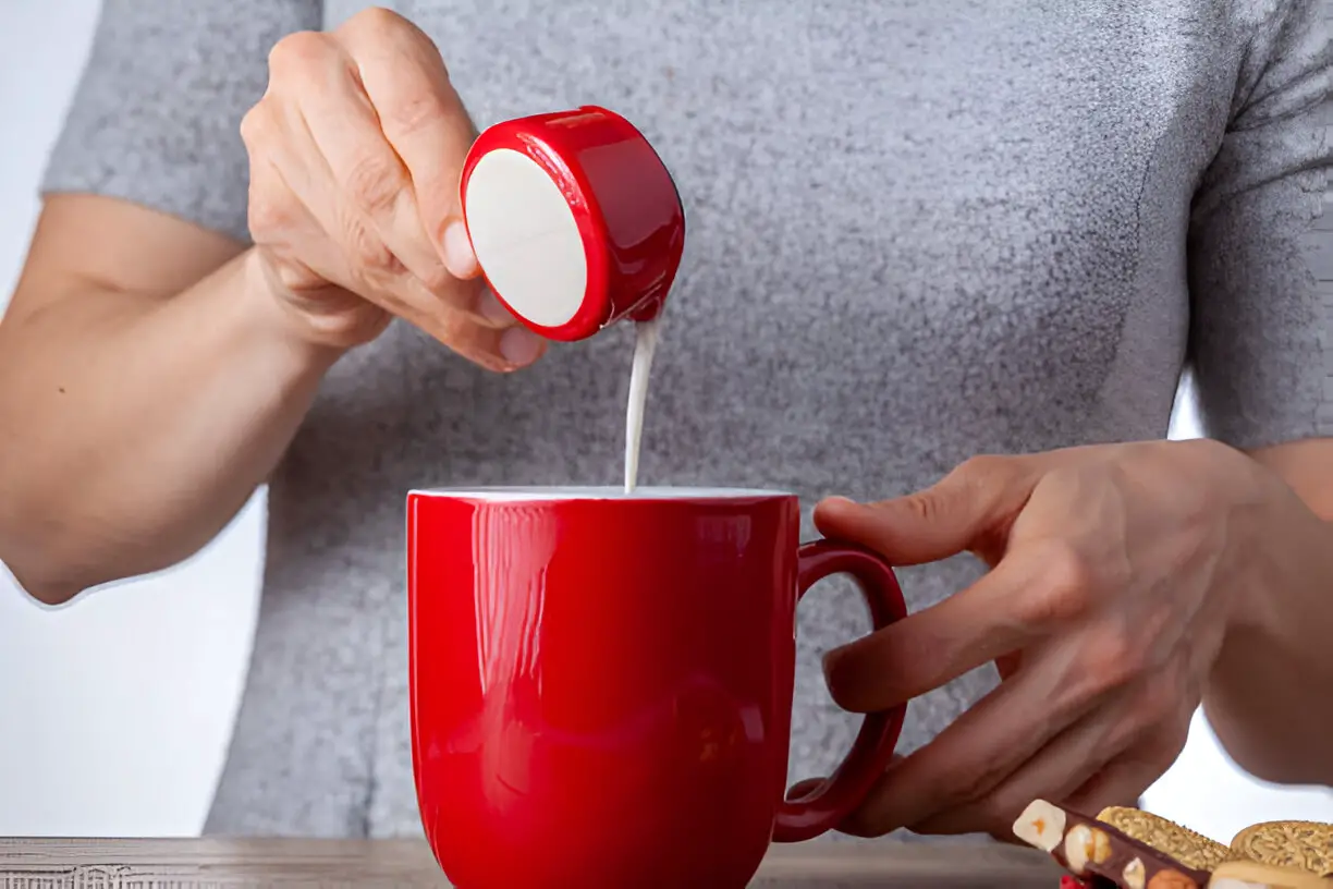 adding creamer into a cup of hot beverage