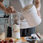 prepare and make protein shake drink mixed fruit