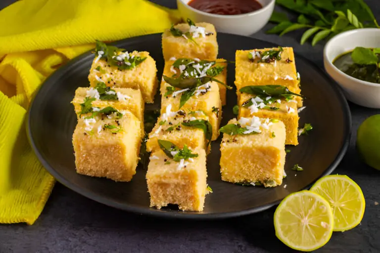 gujrati snack dhokla made-with-gram flour and sugar syrup