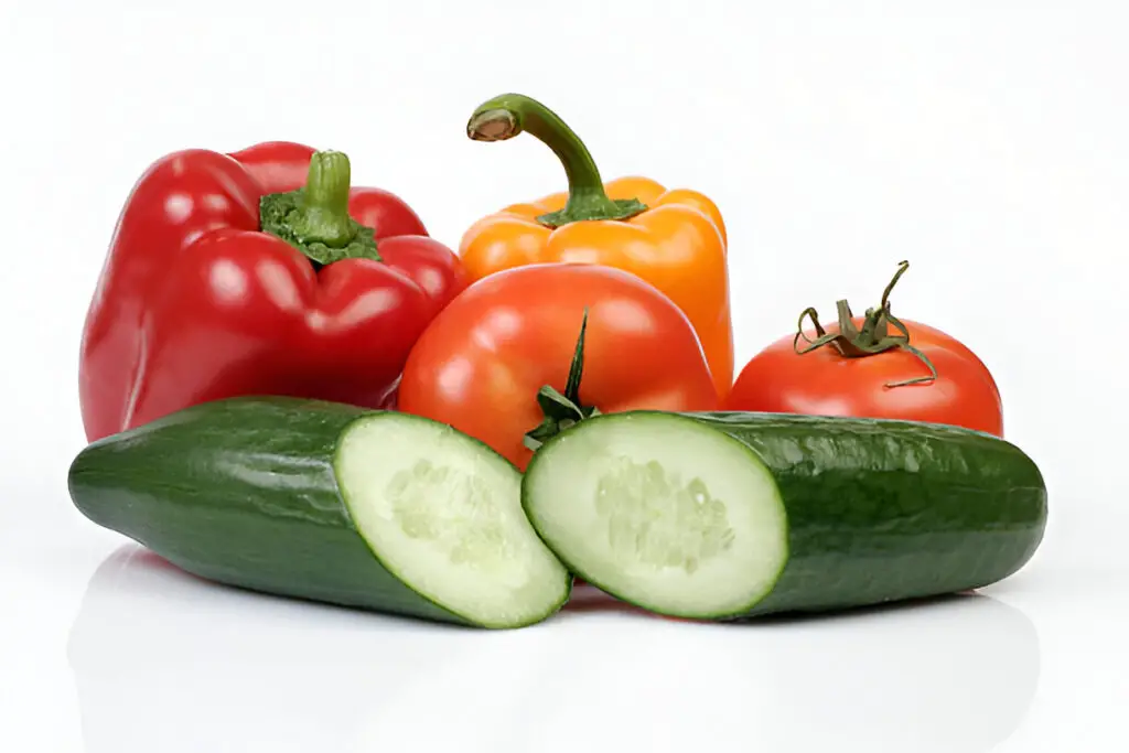 cucumbers tomatos and peppers