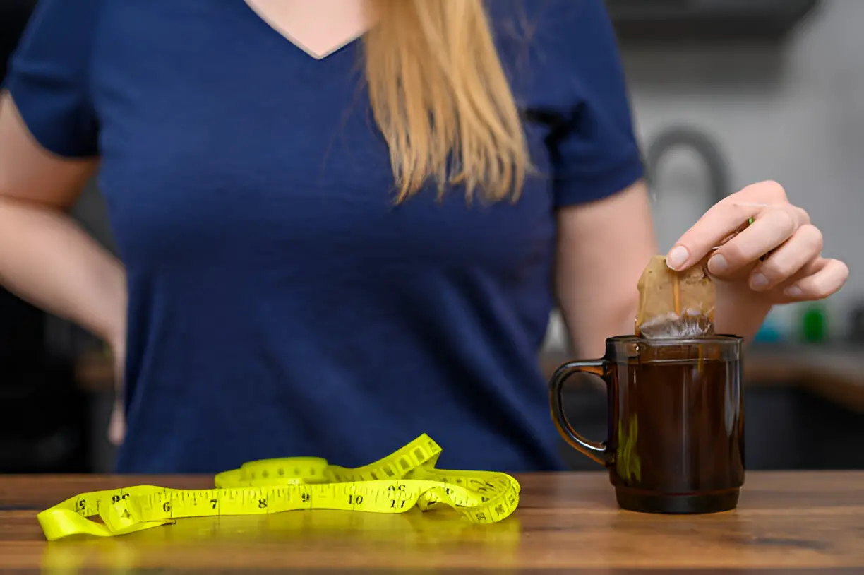 woman holds brews a bag of tea and herbs