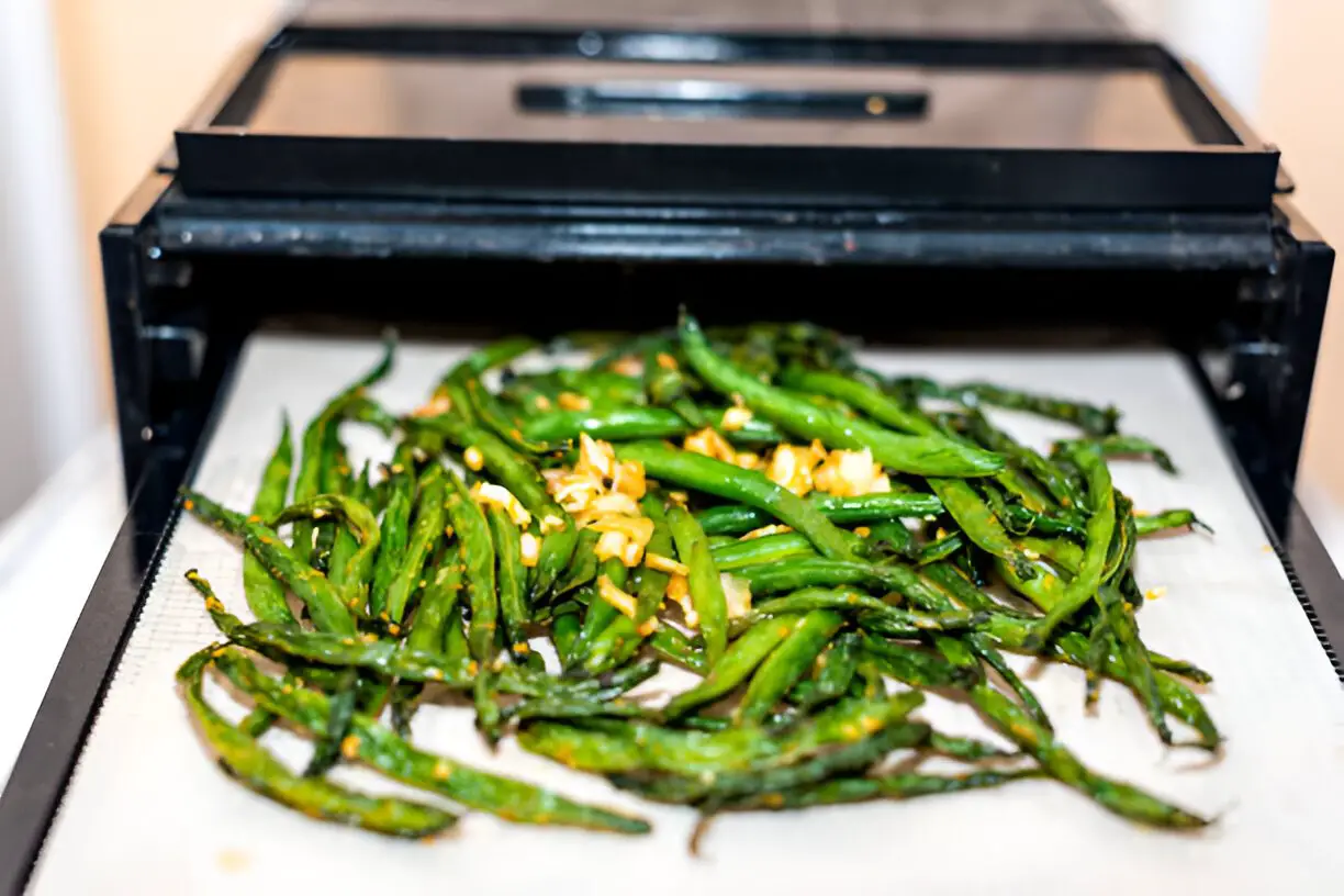 dehydrator black tray sheets with dehydrated vegetables green beans and garlic