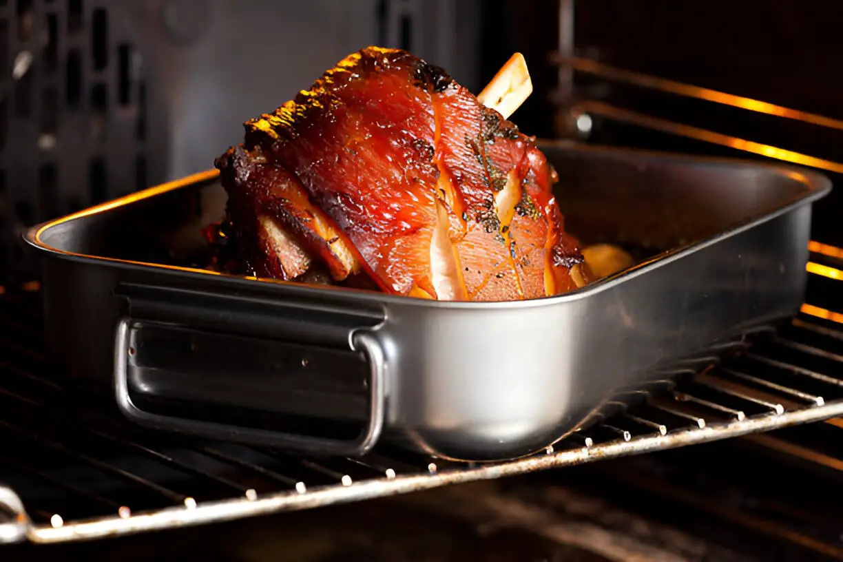 knuckle of pork in roasting tin in oven