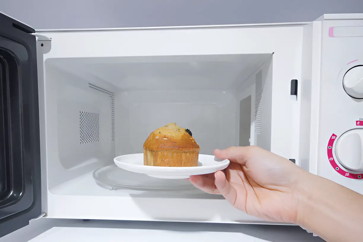 putting a cupcake into a microwave oven