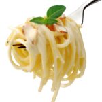 spaghetti carbonara on fork