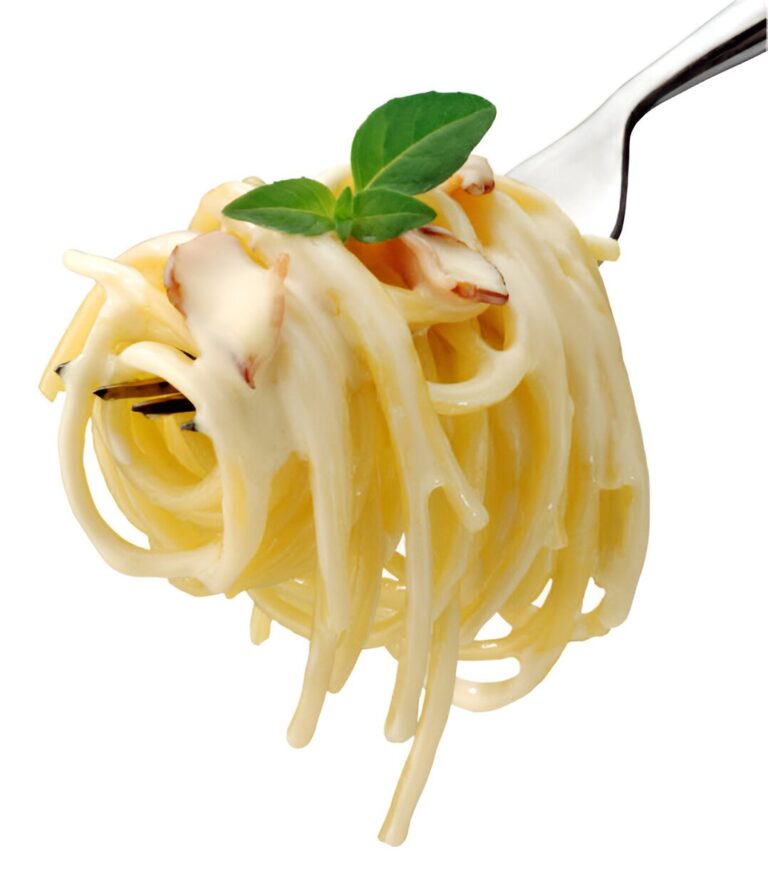 spaghetti carbonara on fork