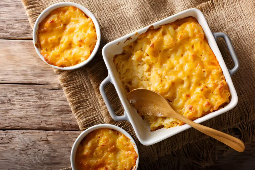 american casserole macaroni and cheese in baking dish