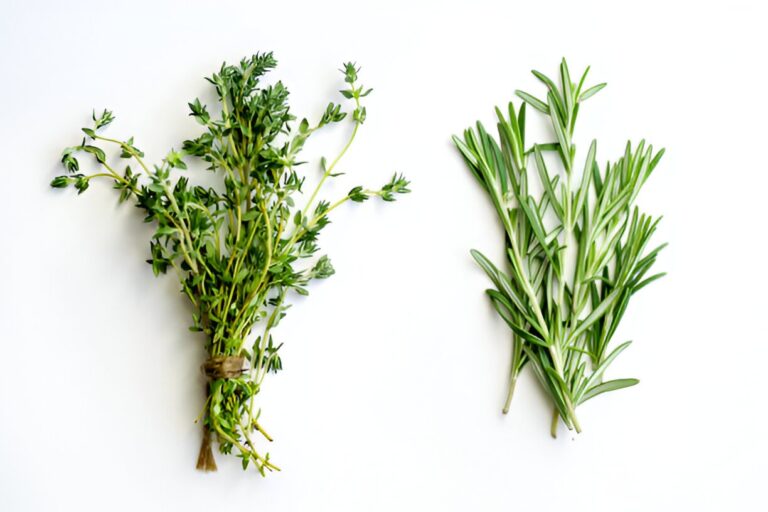 bunches of tied thyme and rosemary