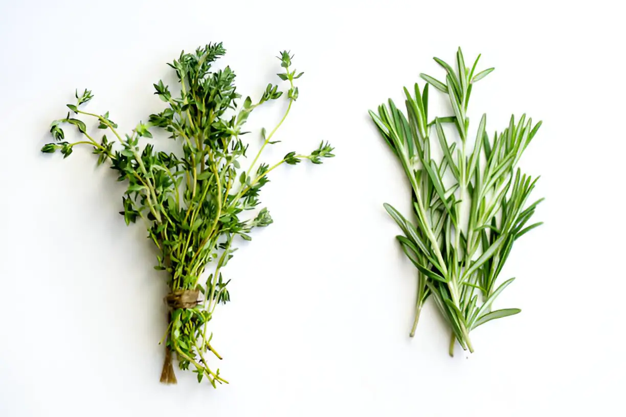 bunches of tied thyme and rosemary