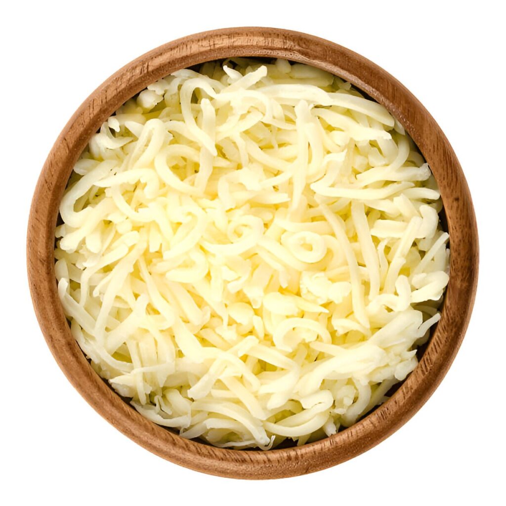shredded mozzarella pizza cheese in wooden bowl
