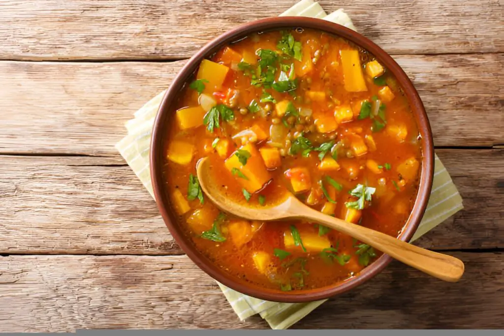 traditional thick sweet potato soup with lentils